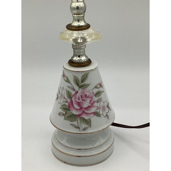 Vintage small PORCELAIN LAMP with PINK ROSES & FLOWERS on white. 13” H - Picture 2 of 4